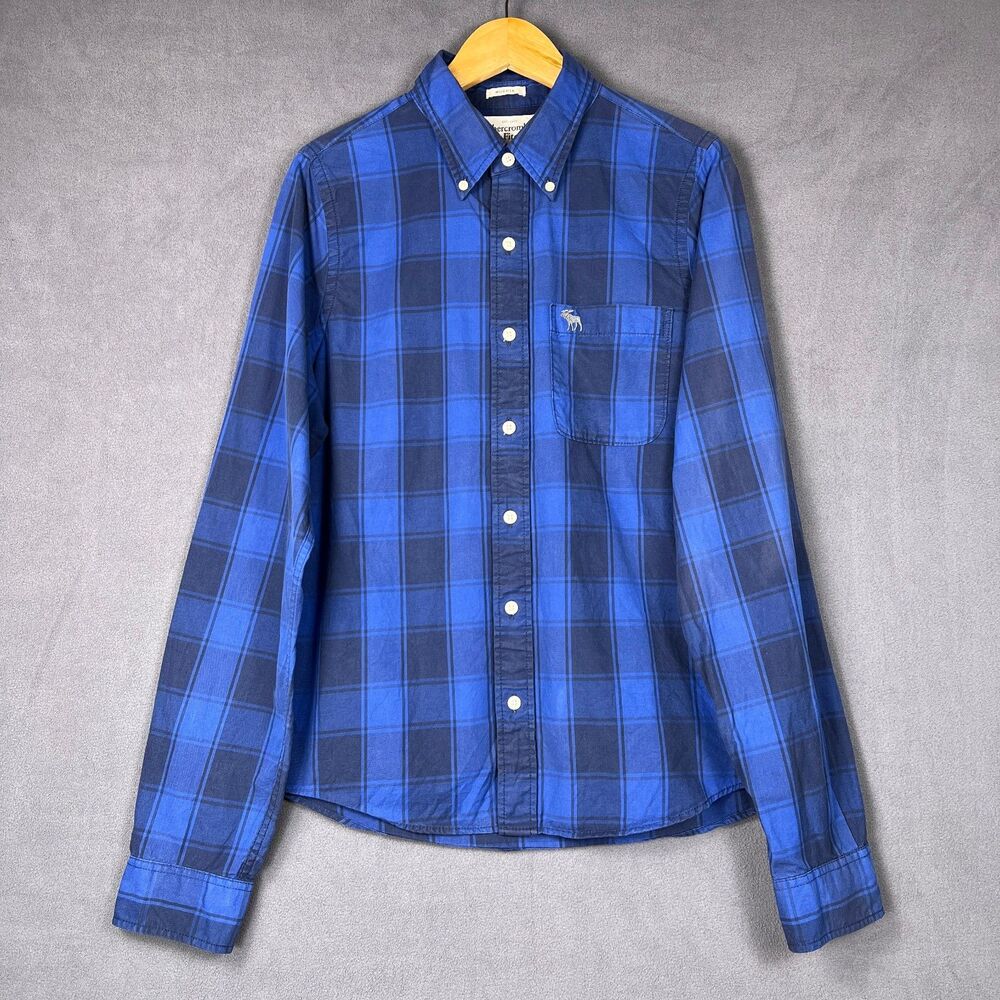 Abercrombie Fitch Muscle Fit Flannel Shirt Mens L Blue Plaid Cotton Button Down
